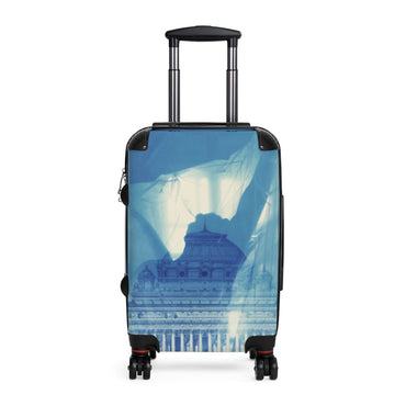 Travel luggage featuring ethereal neoclassical building with flowing blue veils